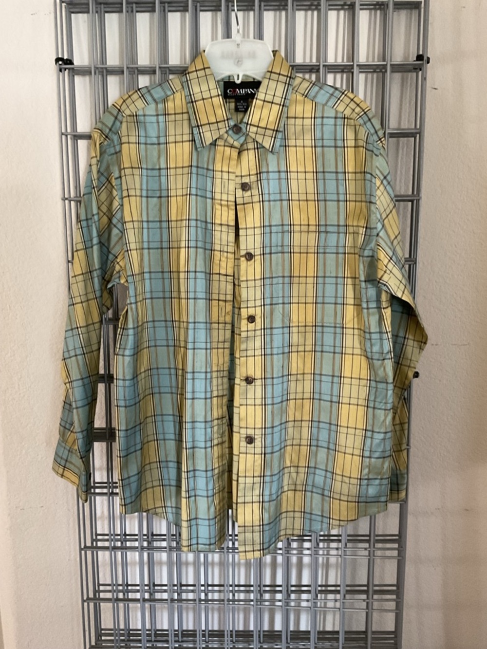 The Company/Ellen Tracy 100% Silk Yellow & Light Blue Plaid Button-Up Shirt EUC